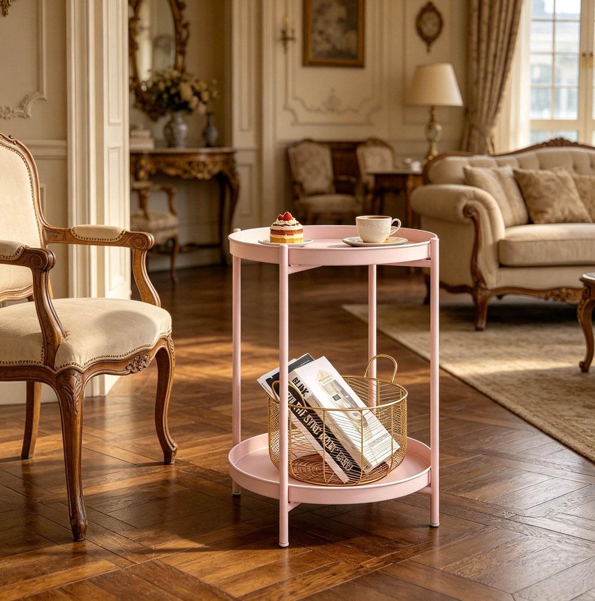 HAUSS SPOLE Bijzettafel - Ronde Tafel Met 2 Afneembare Opbergbladen - Voor Woonkamer En Slaapkamer - Metaal - 44 x 44 x 53 cm - Roze