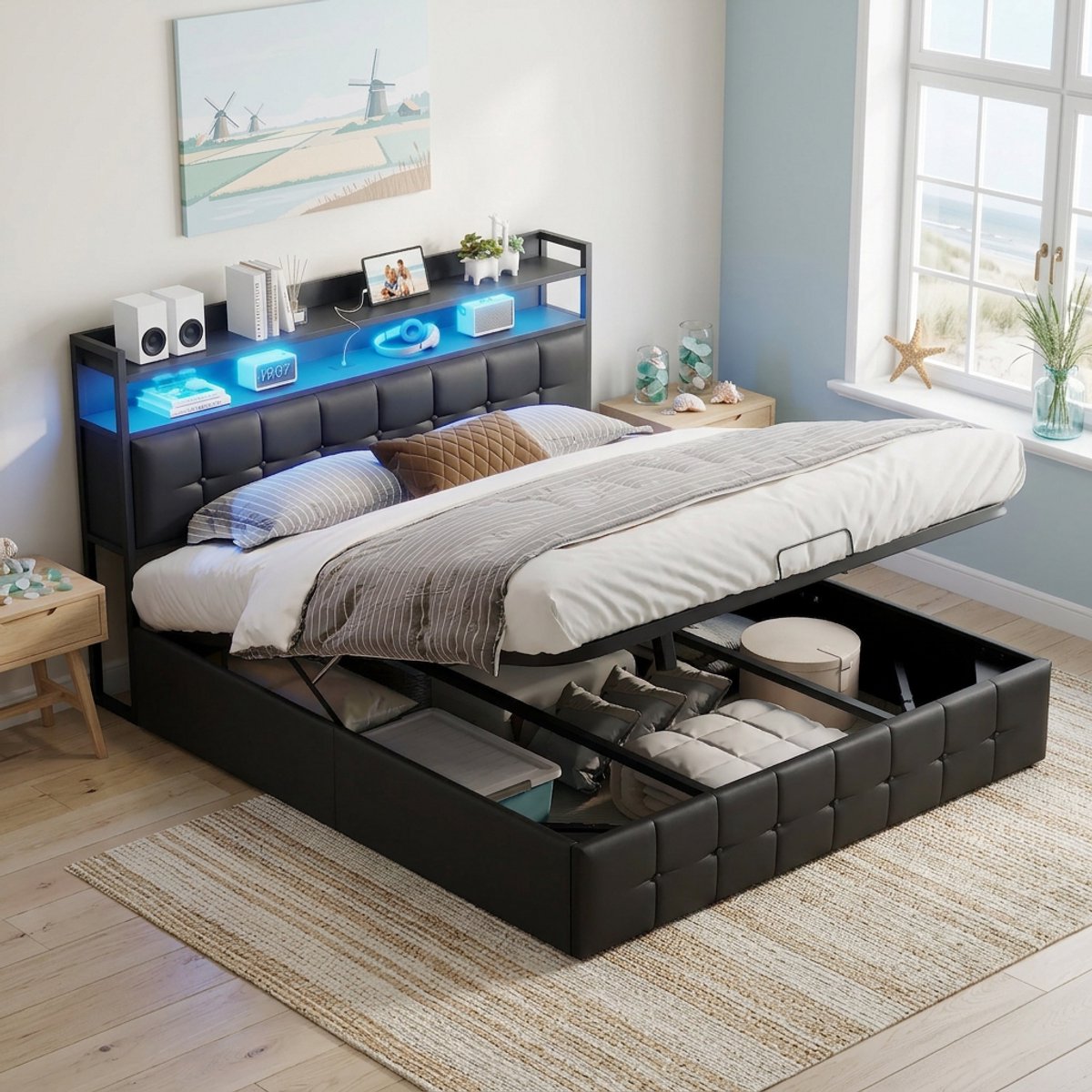 MEXUS Gestoffeerd Bed 140x200 cm met LED en USB,Tweepersoonsbed met Lattenbodem en Hydraulische Hendel,Opbergbed, Boxspringbed bedframe,PU,Zwart,Zonder Matras