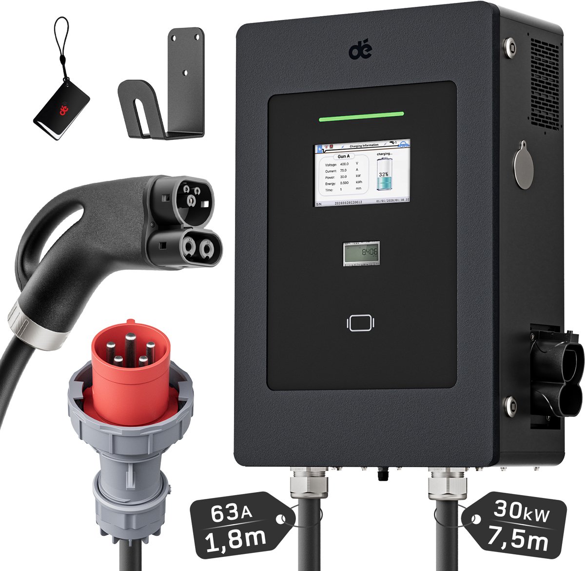 dé 30kW DC Snellaadpaal - CCS2 7,5 m kabel – EV-lader met 7" touchscreen en RFID - OCPP 1.6J (LAN/WLAN/4G) - RCD typeA 30mA AC + 6mA DC voor BEV en PHEV