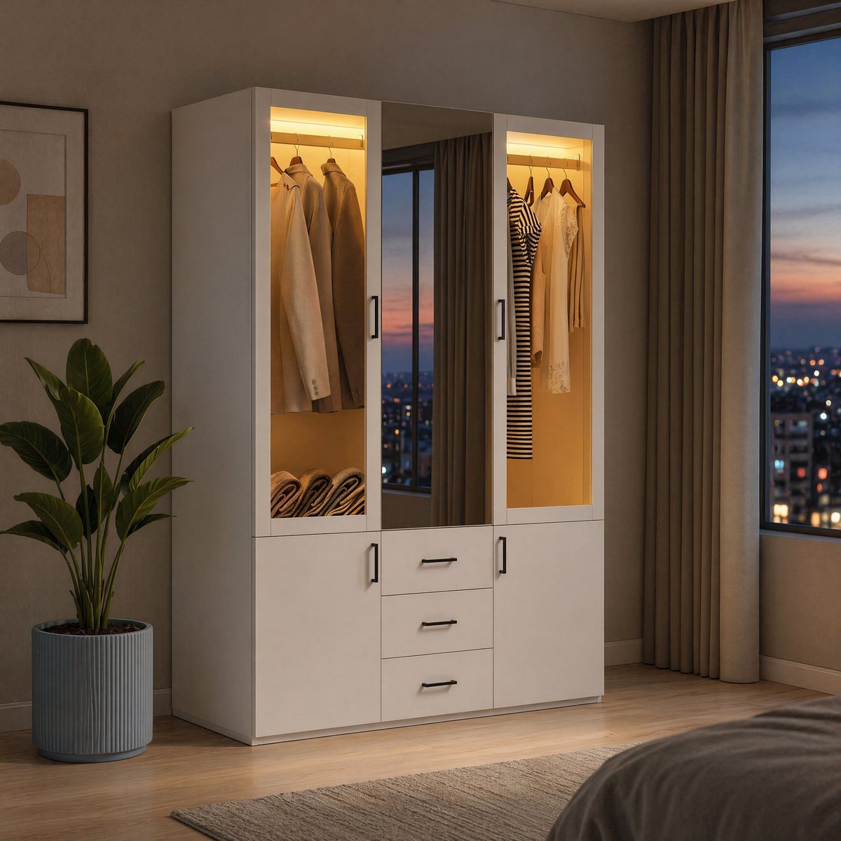 Kledingkast 130 cm wit met spiegeldeur, LED-verlichting, glasdeuren en 3 laden, grote garderobekast voor slaapkamer