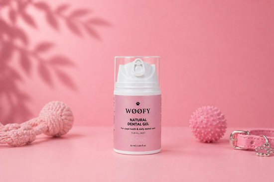 WØØFY natuurlijke dental gel voor honden, 50 ml. Różowa pompflacon met speelgoed en halsband.