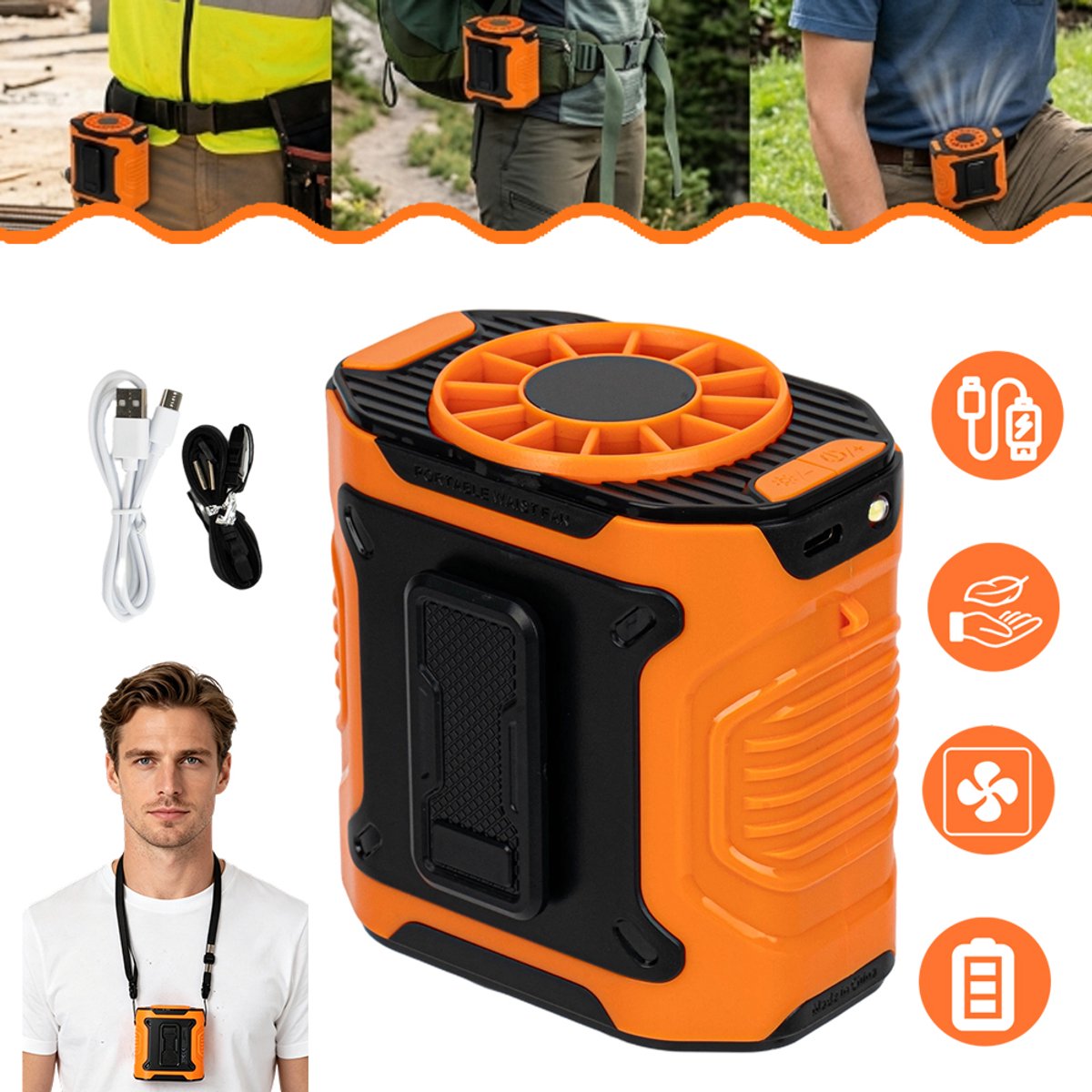 3-in-1 Draagbare Ventilator Voor Taille En Nek - USB-C Oplaadbare 3600mAh Batterij - Handsfree Bediening Met 3 Windsnelheden - Voor Bouw, Keuken, Boerderij En Magazijn - Oranje