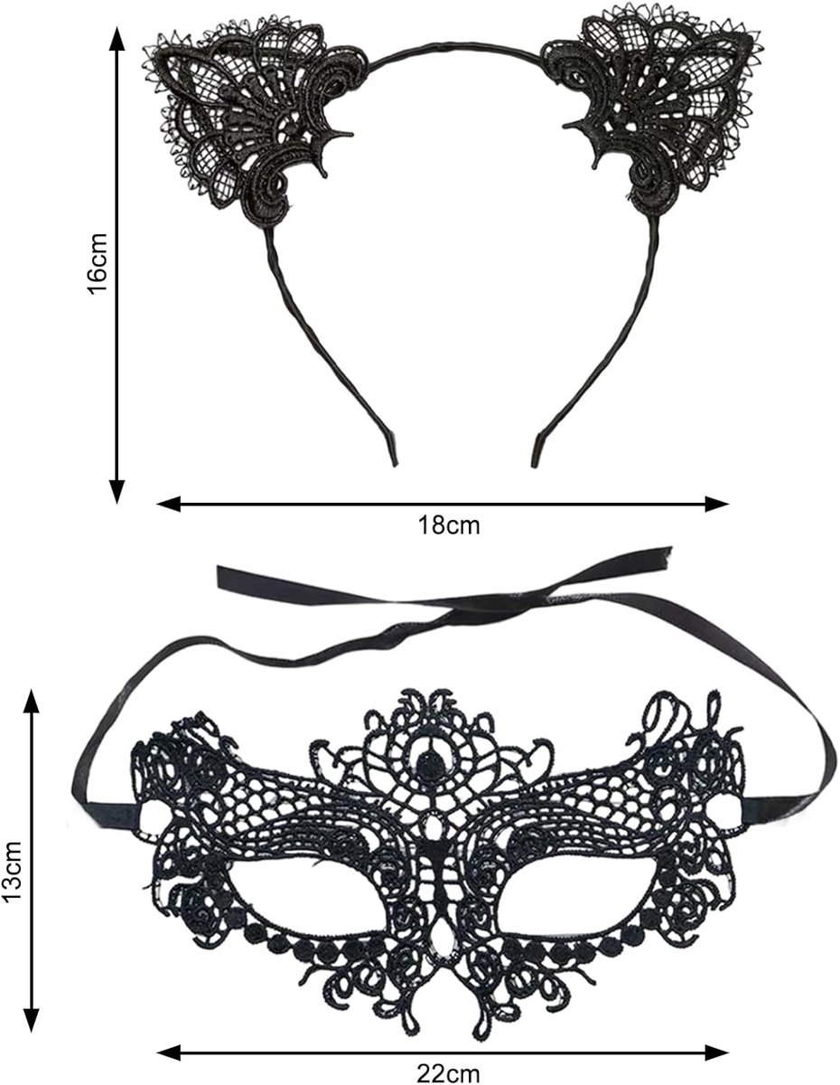 Zwarte Sexy Kat Oren Haarband en Kant Oogmasker voor Vrouwen - Perfect voor Halloween, Carnaval en Feestjes