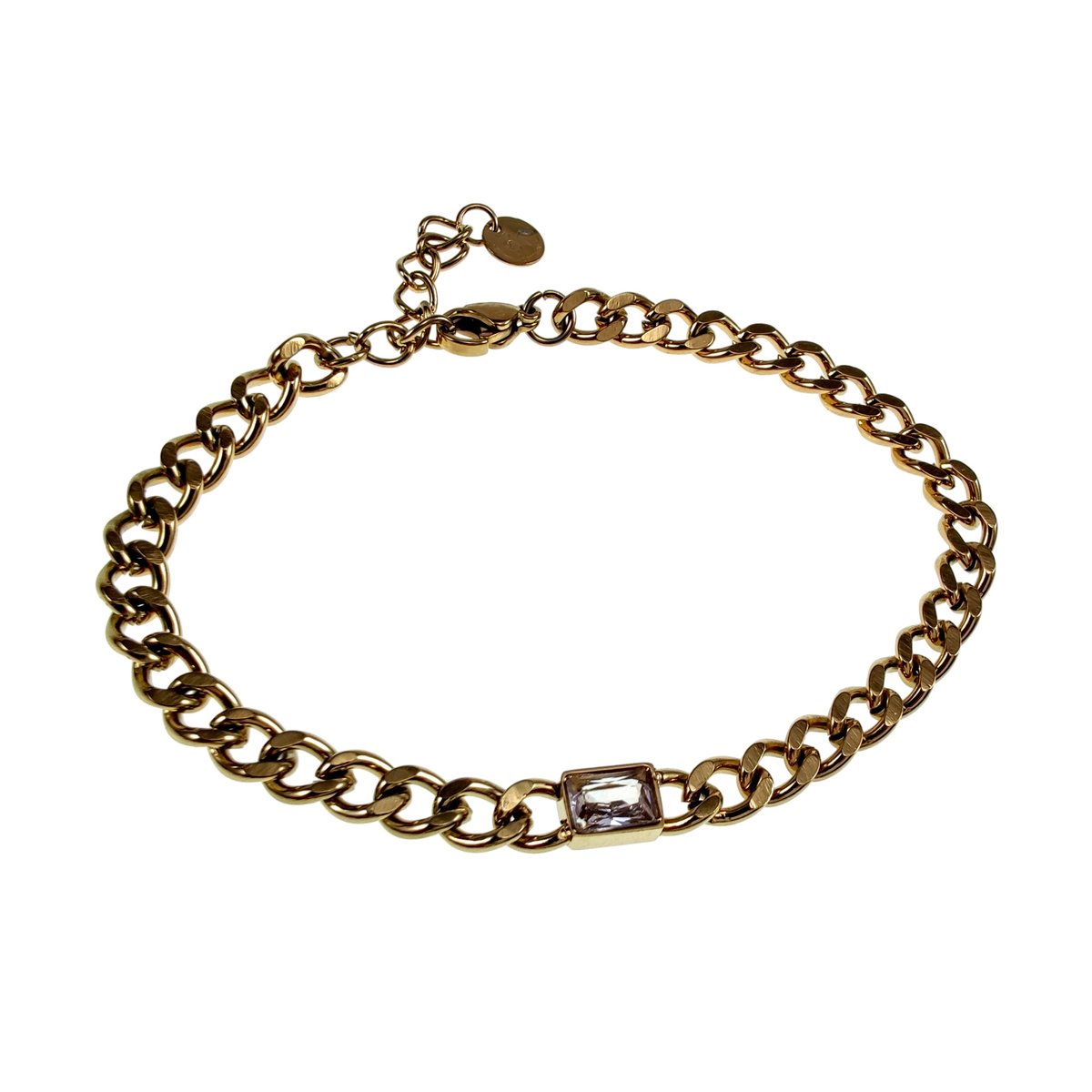 Cubaanse Style Schakelarmband met Rechthoekige Zirkonia, Dames Armband RVS Verguld - Verstelbaar 15 tot 19 cm