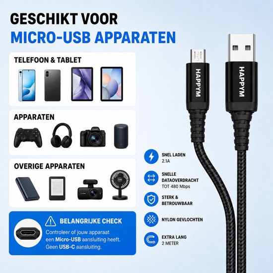 Zwarte USB-A naar Micro-USB kabel, 2 meter lang, nylon gevlochten, met 'Snelle dataoverdracht' en 'Sterk & betrouwbaar' iconen.