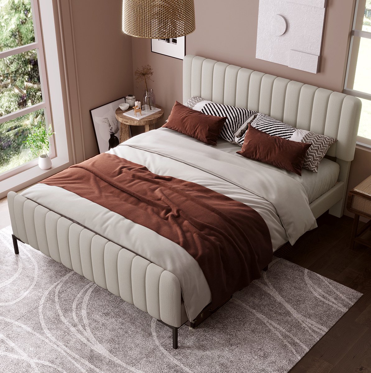 HAUSS SPOLE Gestoffeerd Bed 180x200 cm - Tweepersoonsbed Met Verstelbaar Hoofdbord en Lattenbodem - Zonder Matras - Stof Hout Metaal - Grijs Beige Grijs-beige