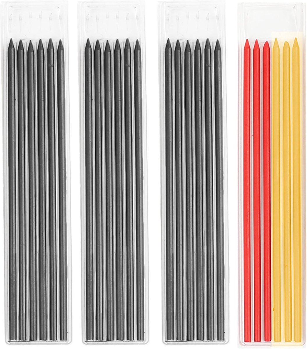 Diepe gaten potloodvullingen 2,8 mm, waterdichte koolstof navullingen voor houtbewerking, architectuur en bouw, 24 stuks (18 zwart, 3 rood, 3 geel)