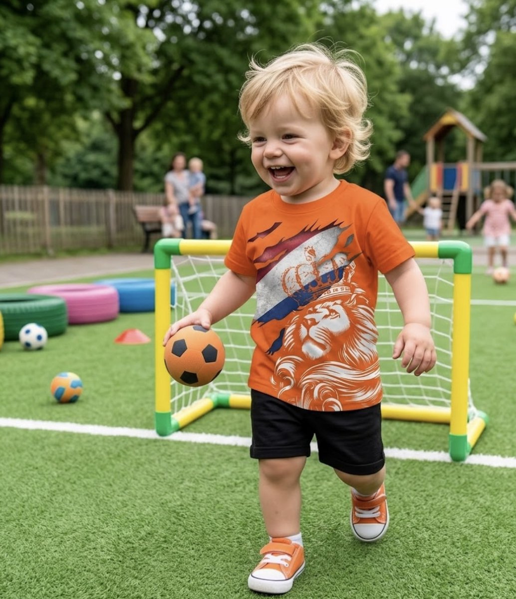 Oranje Voetbal T-shirt - Nederland / Oranje - Maat: 98/104 - Kleur: Oranje - Unisex - Hoge Kwaliteit - Tshirt met Leeuw - Jongens & Meisjes Shirt - Leeuw & Netherlands / Nederland Shirt - Nederlands Elftal - Wereld Kampioenschap 2026 Jersey