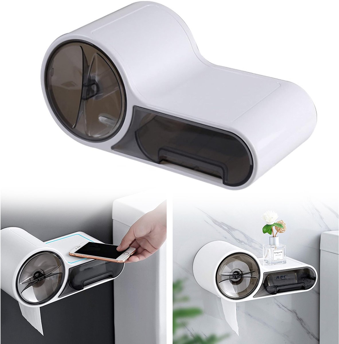 Toiletpapierhouder met lade en plank - Opbergdoos voor toiletpapierrollen voor aan de muur - Hangende toiletpapierhouder - Creatief multifunctioneel - Boorvrij en waterdicht - ABS-materiaal - 140 g en meer toiletpapierrollen - Zwart en wit