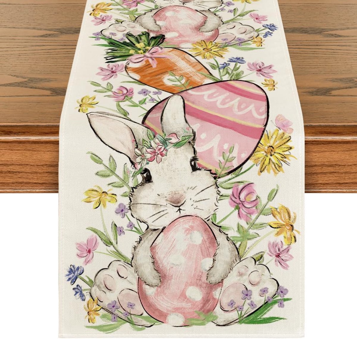 YAGXIG Paastafelkleed - tafelloper - versierd met konijntjes, eieren en bloemen - perfect voor een lenteachtige keuken- en eettafeldecoratie - 33*183 cm