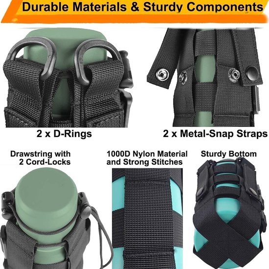 Bidontas - Bidonhouder - Tactische Bidonhouder voor Rugzak - Verstelbare Waterfles Tas - Systeem Fleshouder voor Riem - Duurzaam en Sneldrogend Nylon - Outdoor Drinkfles Tas met D-Ringen - Zwart — afbeelding 2