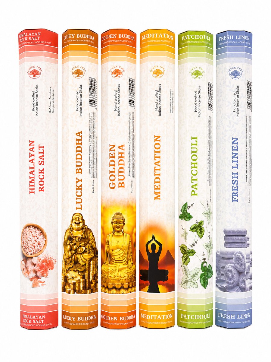 Green tree wierook - lucky buddha - himalayan rock salt - meditation - patchouli - fresh linen - golden buddha - cadeau set