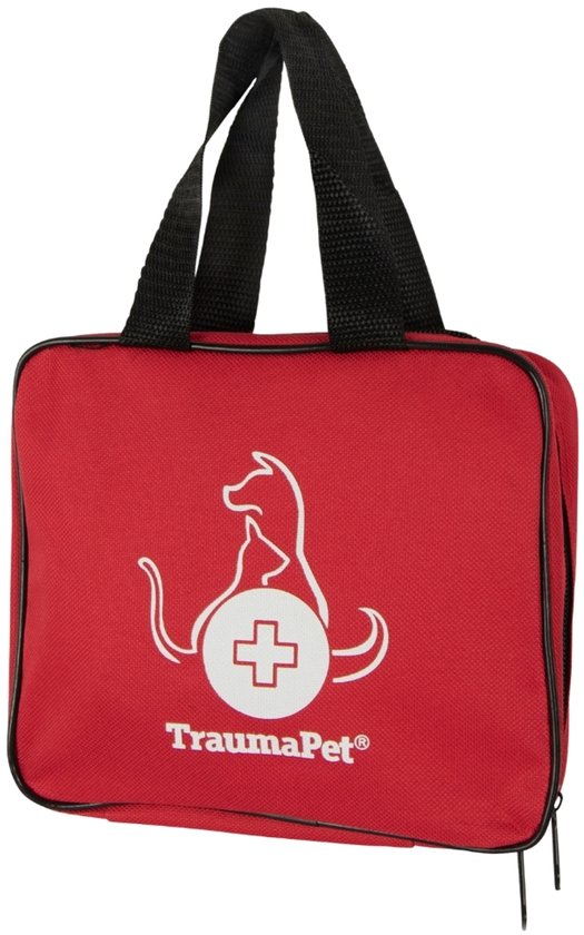 Rode TraumaPet EHBO-tas met een witte opdruk van een hond en een kat boven een kruis.