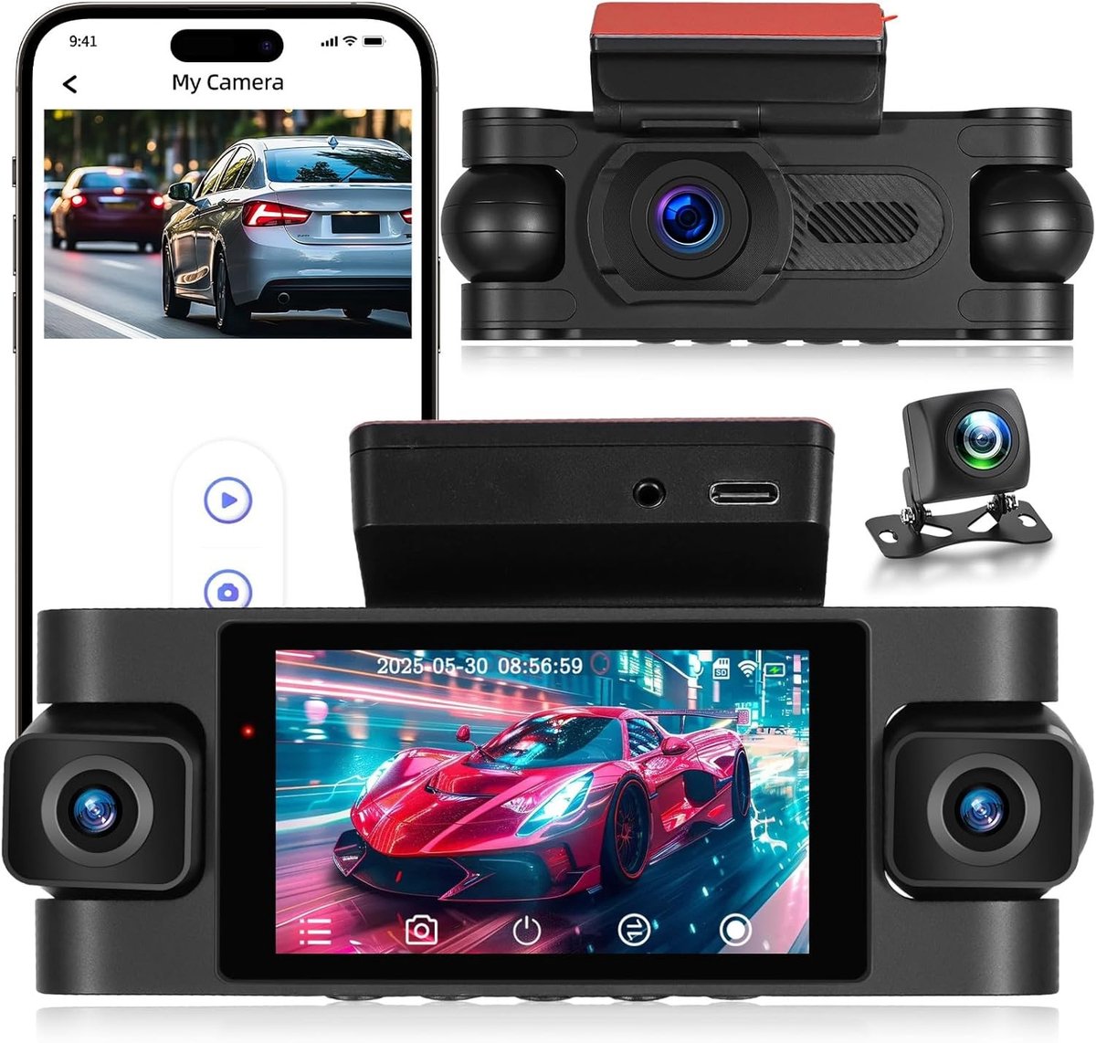 360° Dashcam - Zwart - 4-camera systeem - Wifi-connectiviteit - Voor Auto's