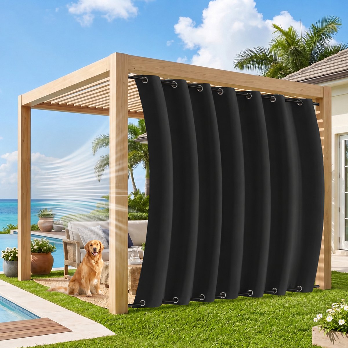 MUPOO Extra Brede Buitengordijnen Waterdicht & Windbestendig 254cm - Met Dubbele Bevestiging Boven en Onder - Verduisterend & UV Werend - Outdoor Gordijnen voor Overkapping, Balkon & Tuin - 254x213 cm - Zwart - 1 Stuk (Rideau Extérieur Imperméable)