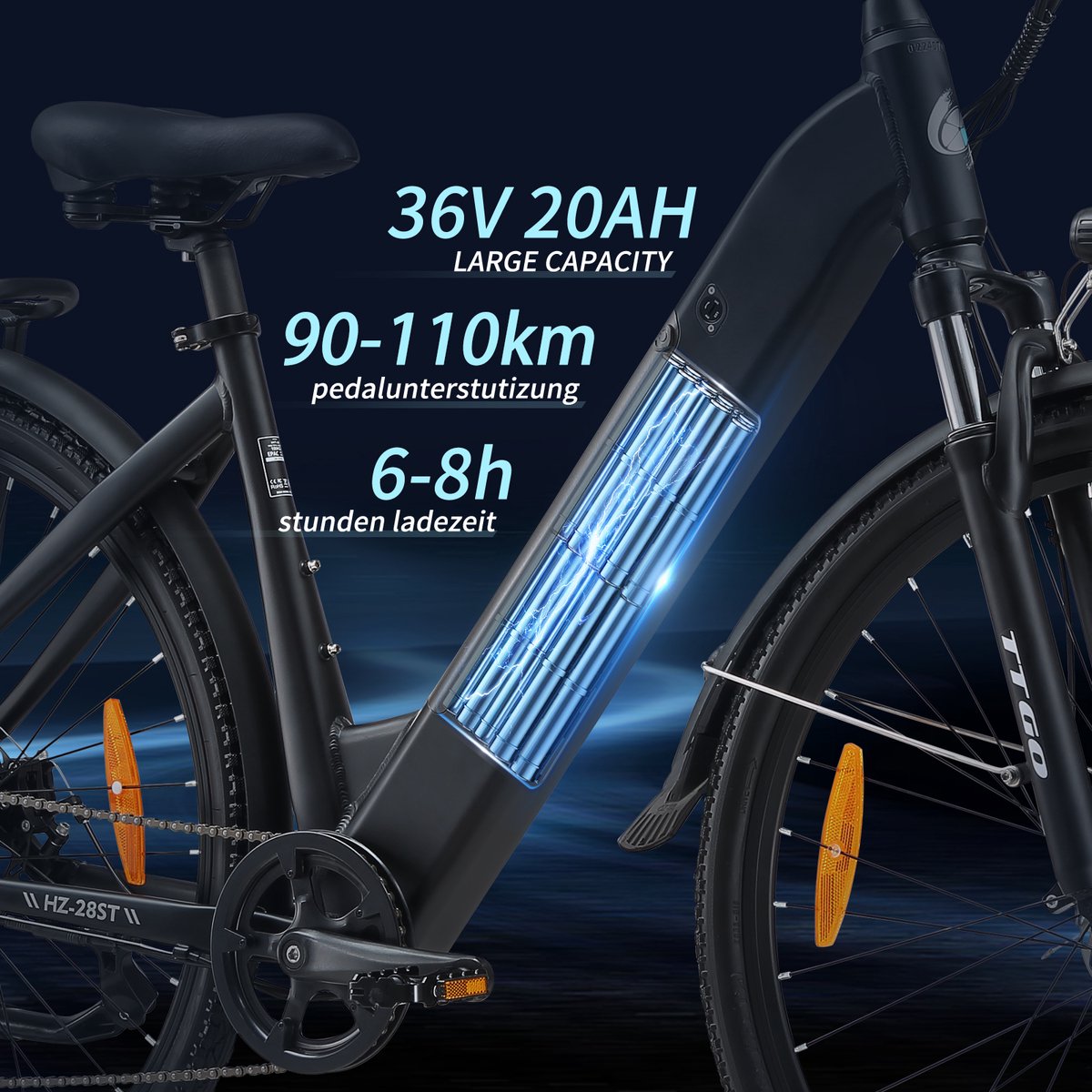 TTGO HZ-28ST E-bike - 25 km/u - 28inch - 80km actieradius - 250W motor - 36V20Ah accu - aluminium frame - Shimano 7-speed - wit thumbnail 4