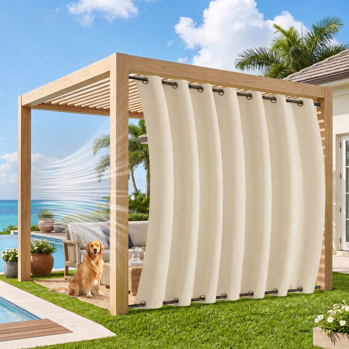 MUPOO Extra Brede Buitengordijnen Waterdicht & Windbestendig 254cm - Met Dubbele Bevestiging Boven en Onder - Verduisterend & UV Werend - Outdoor Gordijnen voor Overkapping, Balkon & Tuin - 254x213 cm - Beige - 1 Stuk (Rideau Extérieur Imperméable) Beige-1 stuck