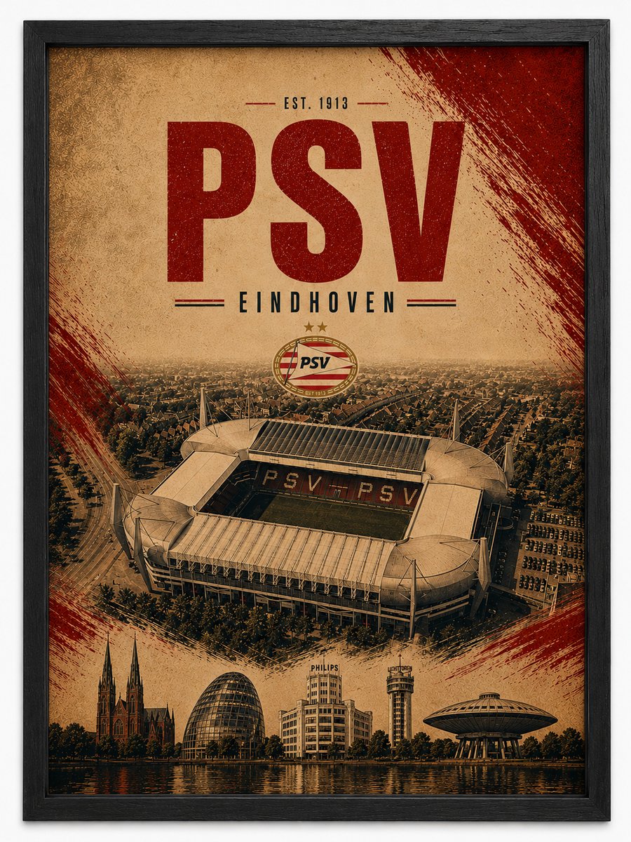 PSV Eindhoven Poster | Philips Stadion Vintage Art Print | Retro Voetbal Poster | Inclusief Zwarte A4 Lijst