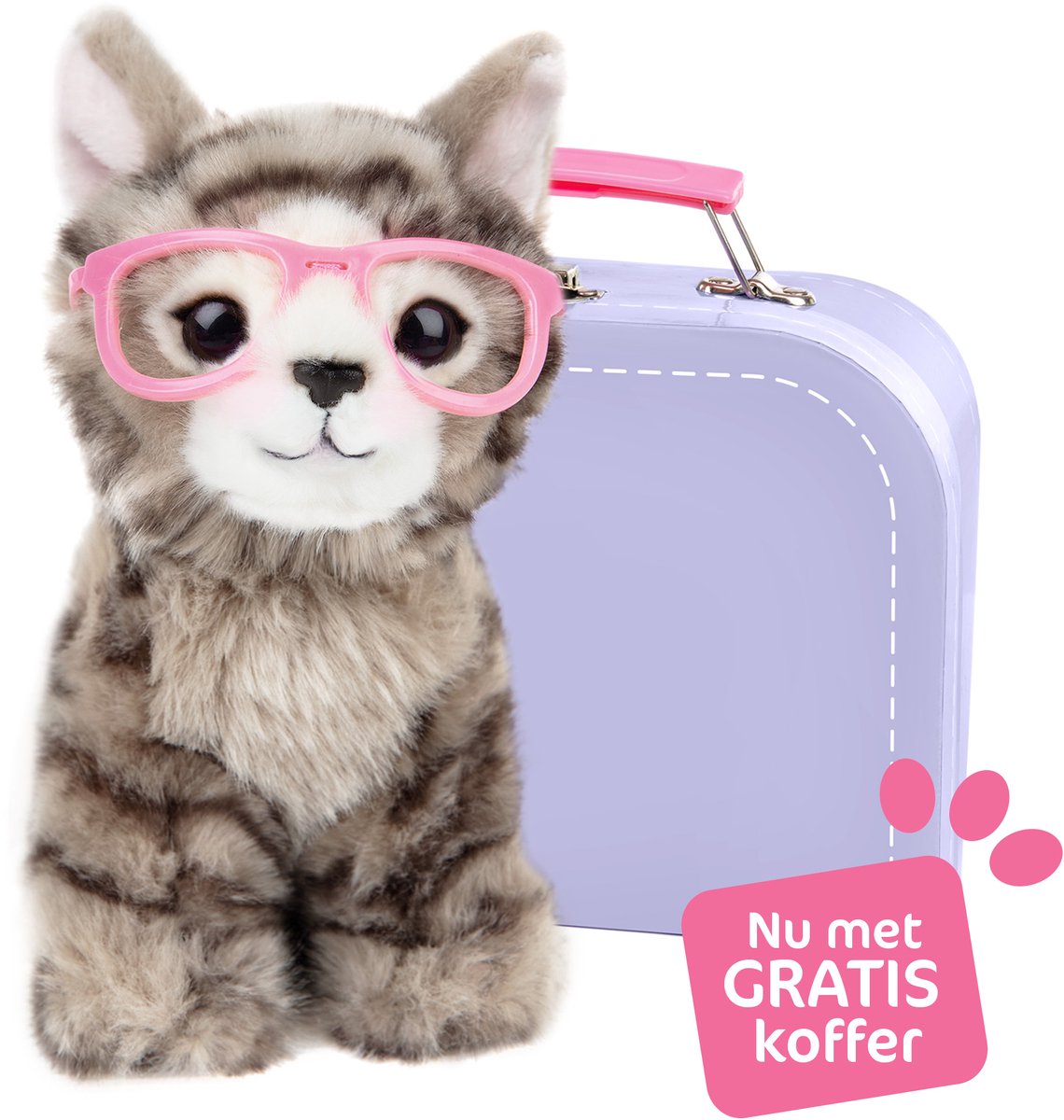 Studio Pets® Paige kat knuffel 16 cm met roze bril en GRATIS koffer – zachte pluche knuffel voor kinderen