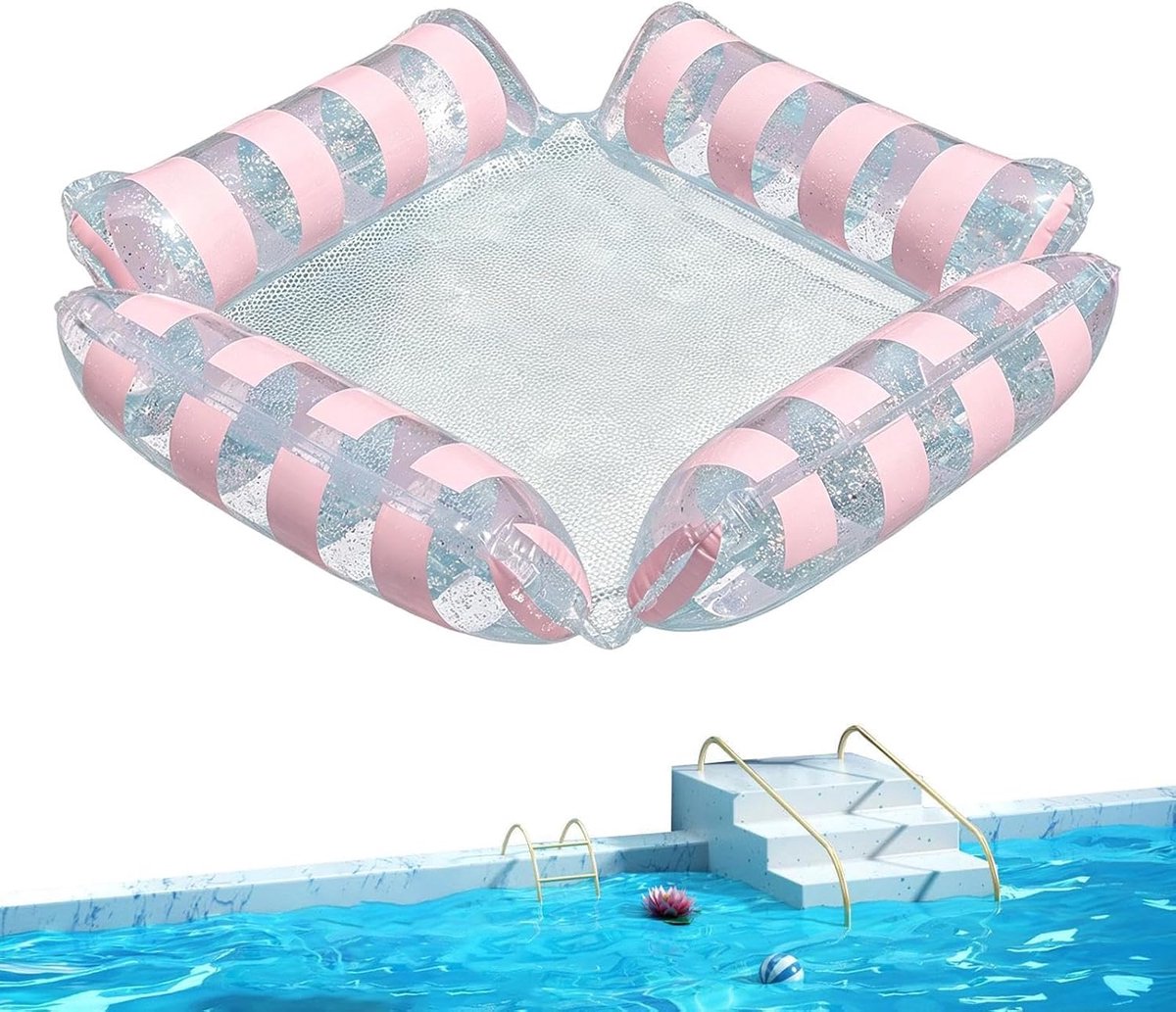 LISM-Opblaasbare waterhangmat, stevige drijvers, strandspullen van PVC-materiaal, multifunctionele accessoires Geschikt voor aan het meer, outdooruitrusting 120x120 cm, zomerligstoel (roze)