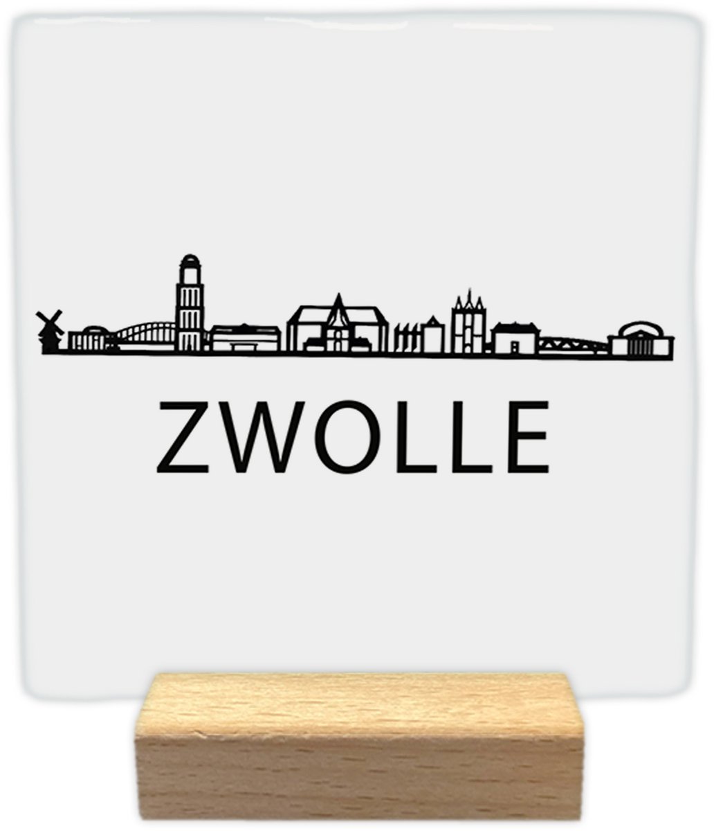 Zwolle skyline - Keramische decoratie tegel - incl. houten presenteerblok