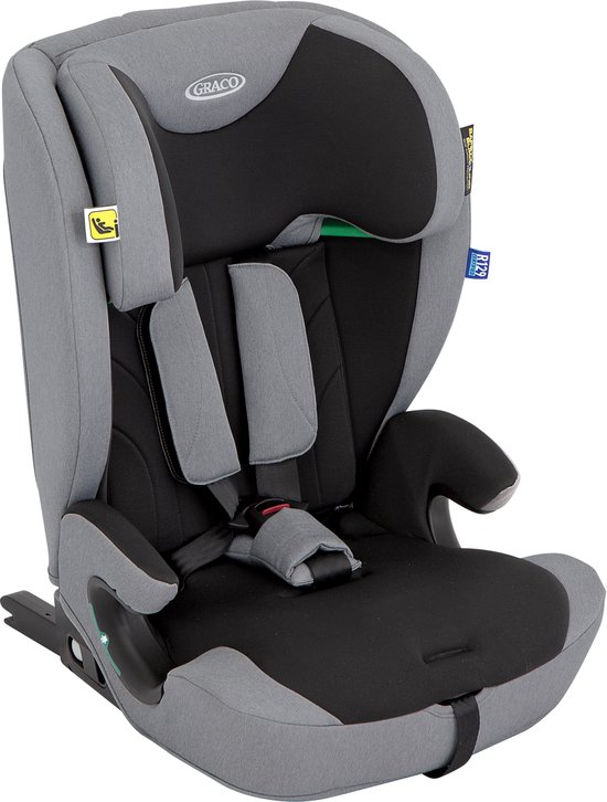 Graco Energi autostoel in grijs met zwart zitvlak en hoofdsteun. De autogordels zijn grijs.