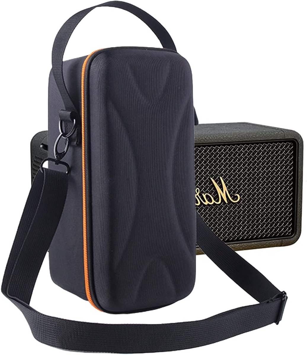 Draagtas voor Draadloze Bluetooth Speaker - Hard EVA Schoudertas met Extra Mesh Vak voor Kabels en Accessoires (Zwart + Oranje)