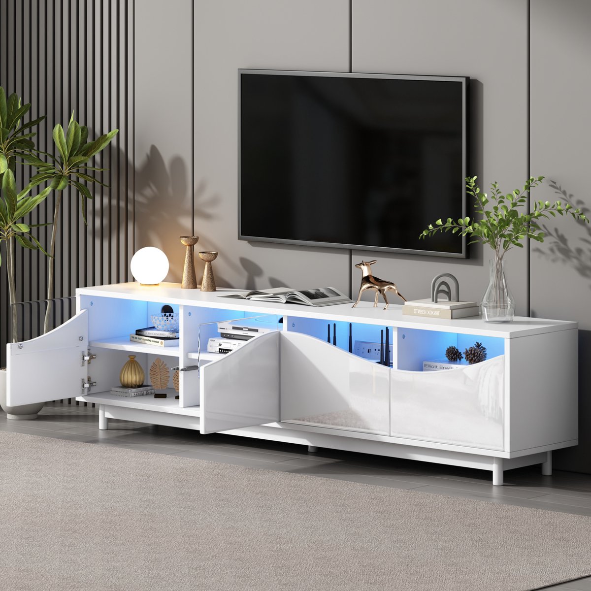 MEUNIQ TV-meubel 175 x 38 x 51 cm met LED-verlichting, gehard glas, hoogglans wit, greeploos pop-open ontwerp, opbergkast voor woonkamer of slaapkamer