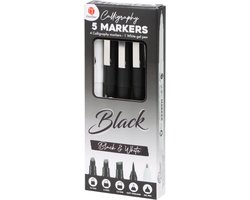 Decotime - 4 kalligrafeer markers zwart + 1 gelpen wit - kalligrafie pennen stiften - kalligafeerstiften