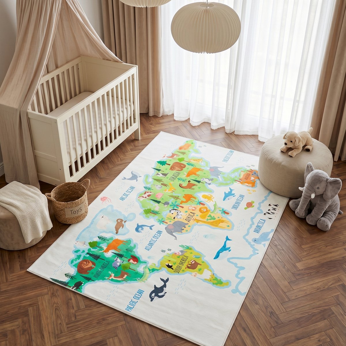 Tapiso Kids Kindervloerkleed Wereldkaart Dieren – Educatief Speelkleed Crème Wit Kinderkam