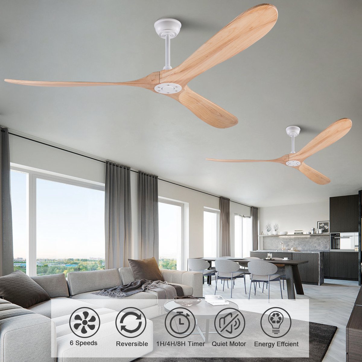 HAUSS SPOLE Plafondventilator - 183 cm - Stil Zonder Verlichting Met Afstandsbediening - Metaal En Hout - Wit Naturel - Voor Woonkamer En Terras