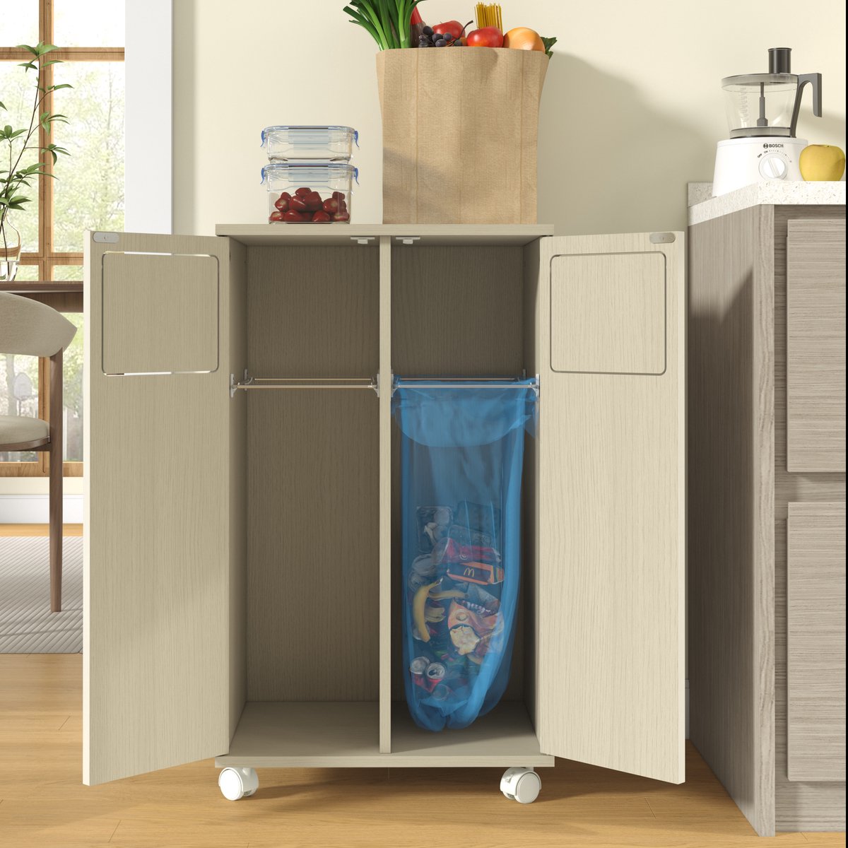 Afvalscheidingsprullenbak - Dubbele Afvalkast Met Wielen En 180 Graden Deuren - Voor Keuken En Eethoek - MDF Houtlook En Wit - 46,7x35x80,3 Cm