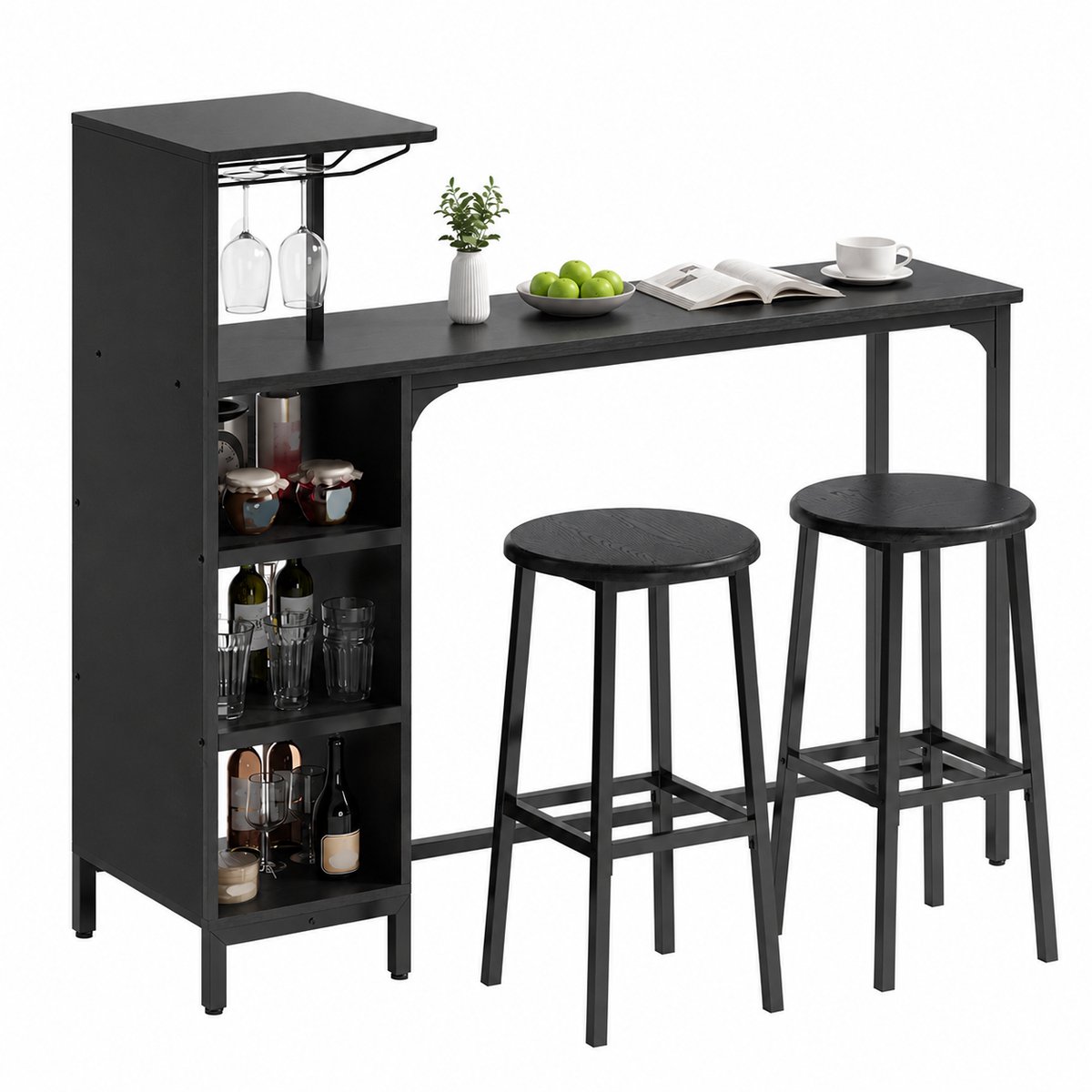 Xbro Bartafel met 2 Barkrukken – Industriële Bartafelset met Uittrekbare Planken en Glashouder – Bistrotafel voor Keuken, Woonkamer en Eetkamer,Zwart