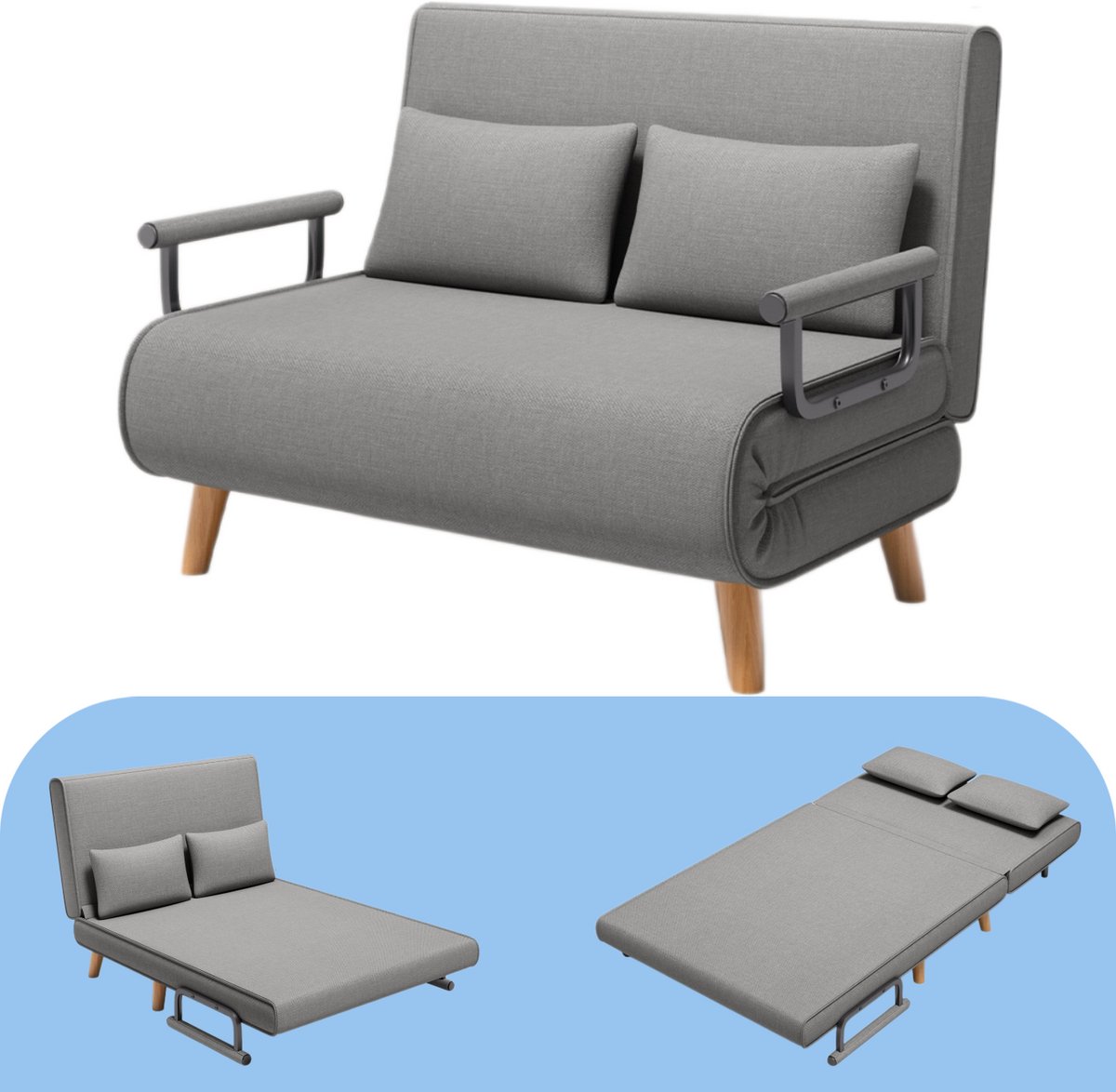 Bealife AR51 2-zits Slaapbank - 3-In-1 Bank met Slaapfunctie - Verstelbare Bedbank - Fauteuilmet Verstelbare Rugleuning en 2 kussens met slaapfunctie - Lichtgrijs
