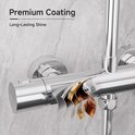Close-up van een chromen thermostaatkraan, met een segment dat de verschillende lagen van de 'Premium Coating' laat zien.