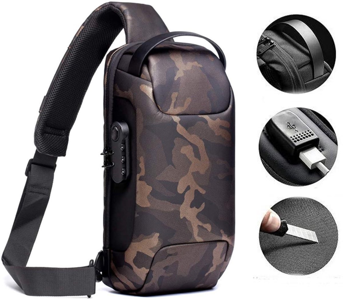 KZQ Anti-diefstal Crossbodytas - Waterdichte borsttas/schoudertas met USB-aansluiting, lichtgewicht en draagbaar - Unisex, geschikt voor dagelijks gebruik, wandelen, reizen en muziekfestivals - camouflage