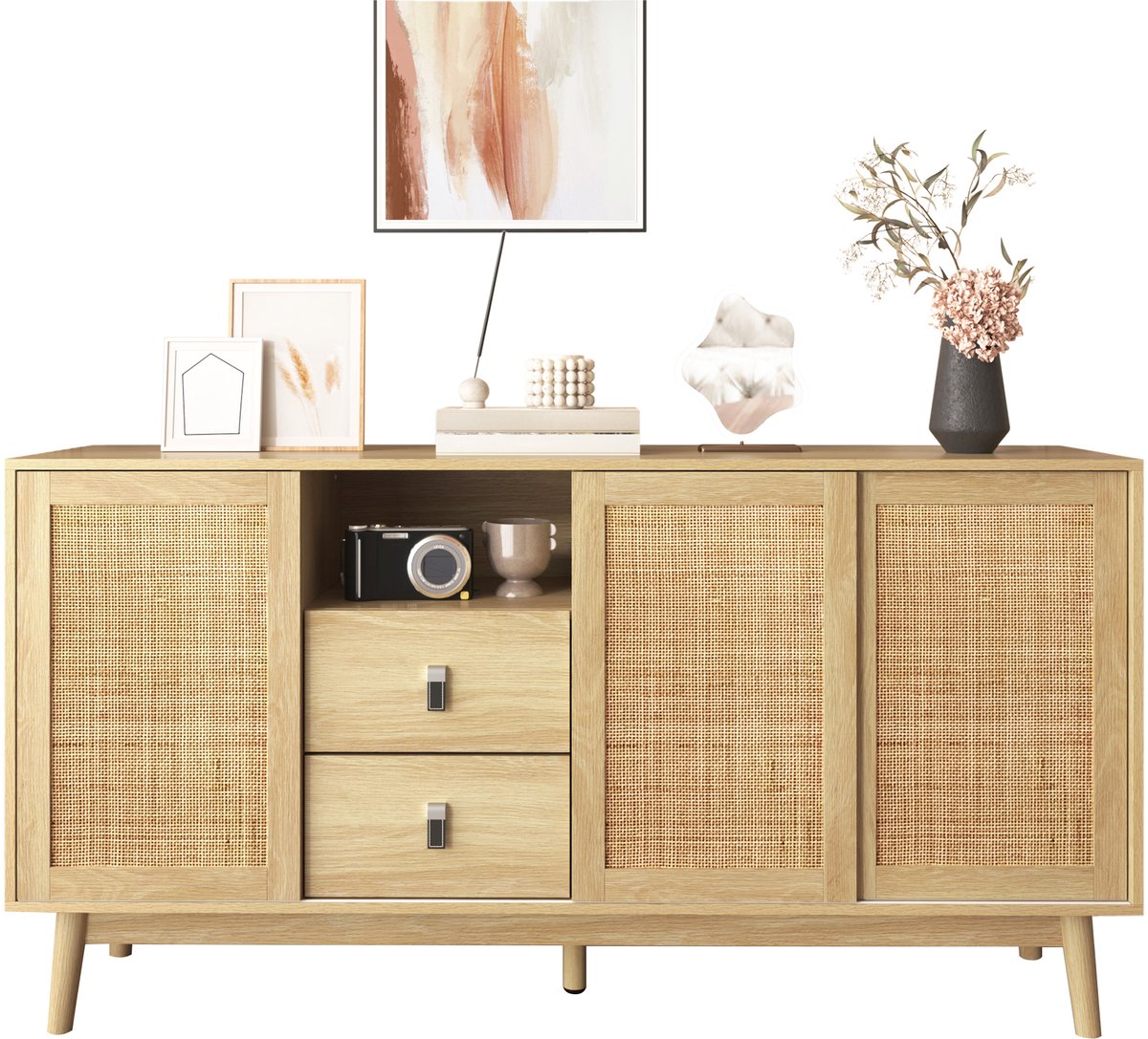 Dressoir – Opbergkast MDF Rattan met 3 Schuifdeuren - Eiken