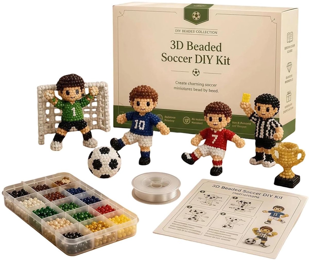 COOAU - 3D-kralen voetbal DIY-set - Kralen voetbalspeler knutselset - Creatieve handwerk set voor tieners en volwassenen - Handgemaakte sportdisplaydecoratie - Cadeau voor voetbalfans