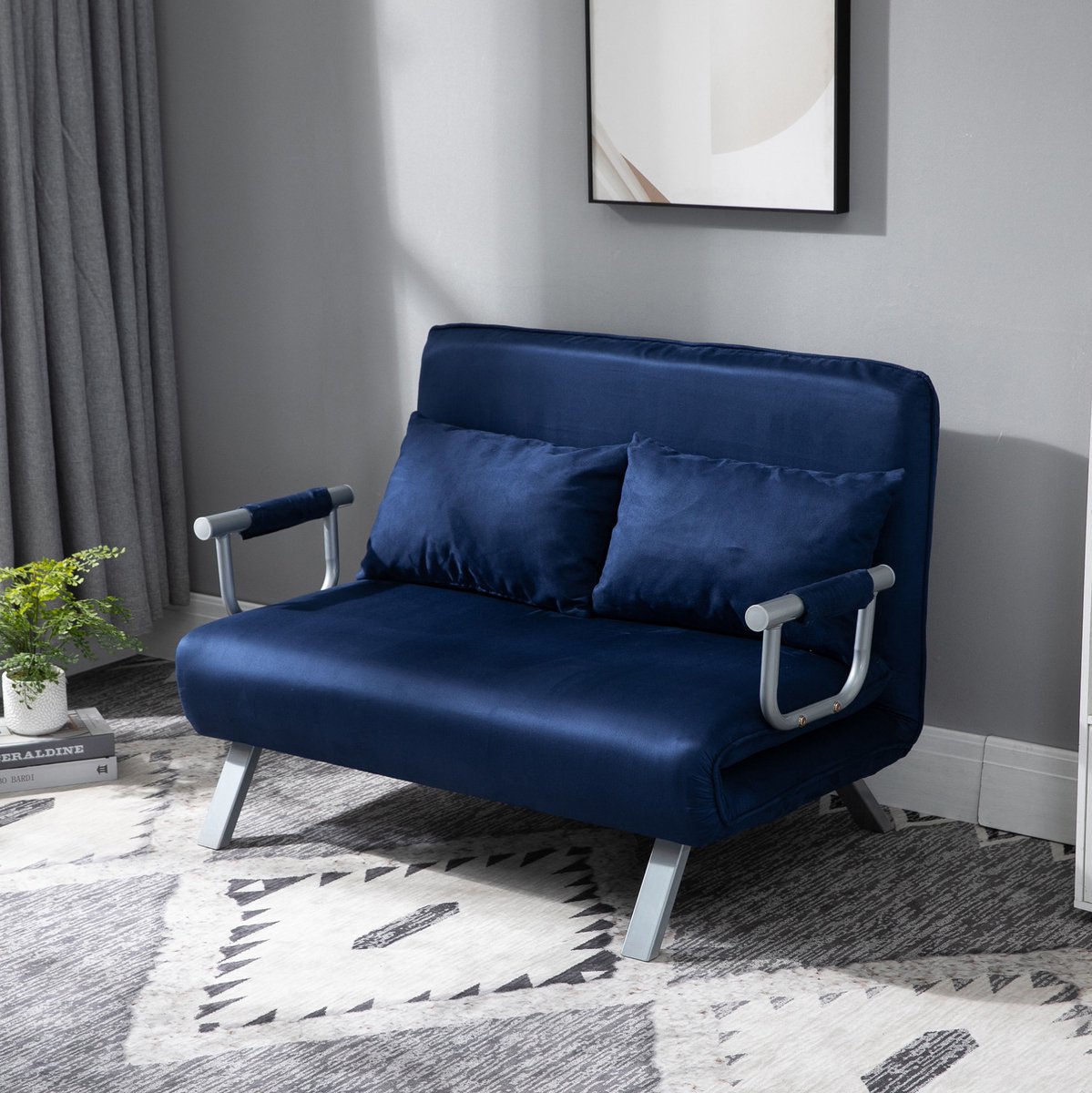 OKWISH Slaapbank – 2-Zits Bank Met Slaapfunctie – 5-Standen Verstelbare Rugleuning En Kussens – Woonkamer Of Slaapkamer – Polyester – Blauw