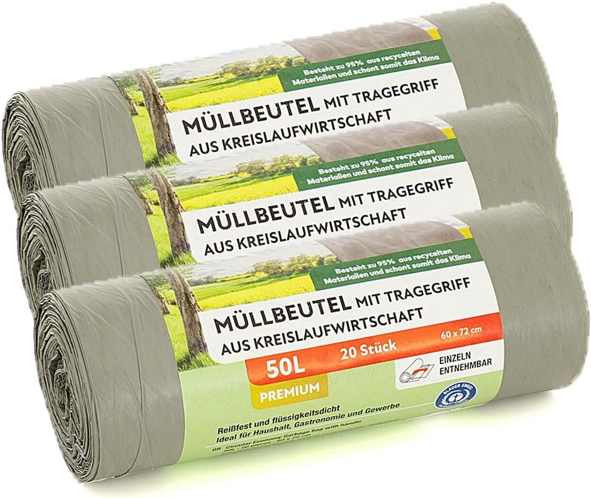 Vuilniszakken met Draaggreep - Grijs - 95% Gerecycled Materiaal - Scheurvast en Vloeistofdicht - Voor Huishoudens en Commercieel Gebruik