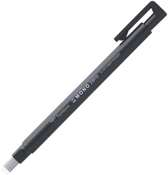 Zwarte Tombow MONO zero potloodgum met clip en zilverkleurige punt. Tekst: "Tombow MONO zero ELASTOMER ERASER".
