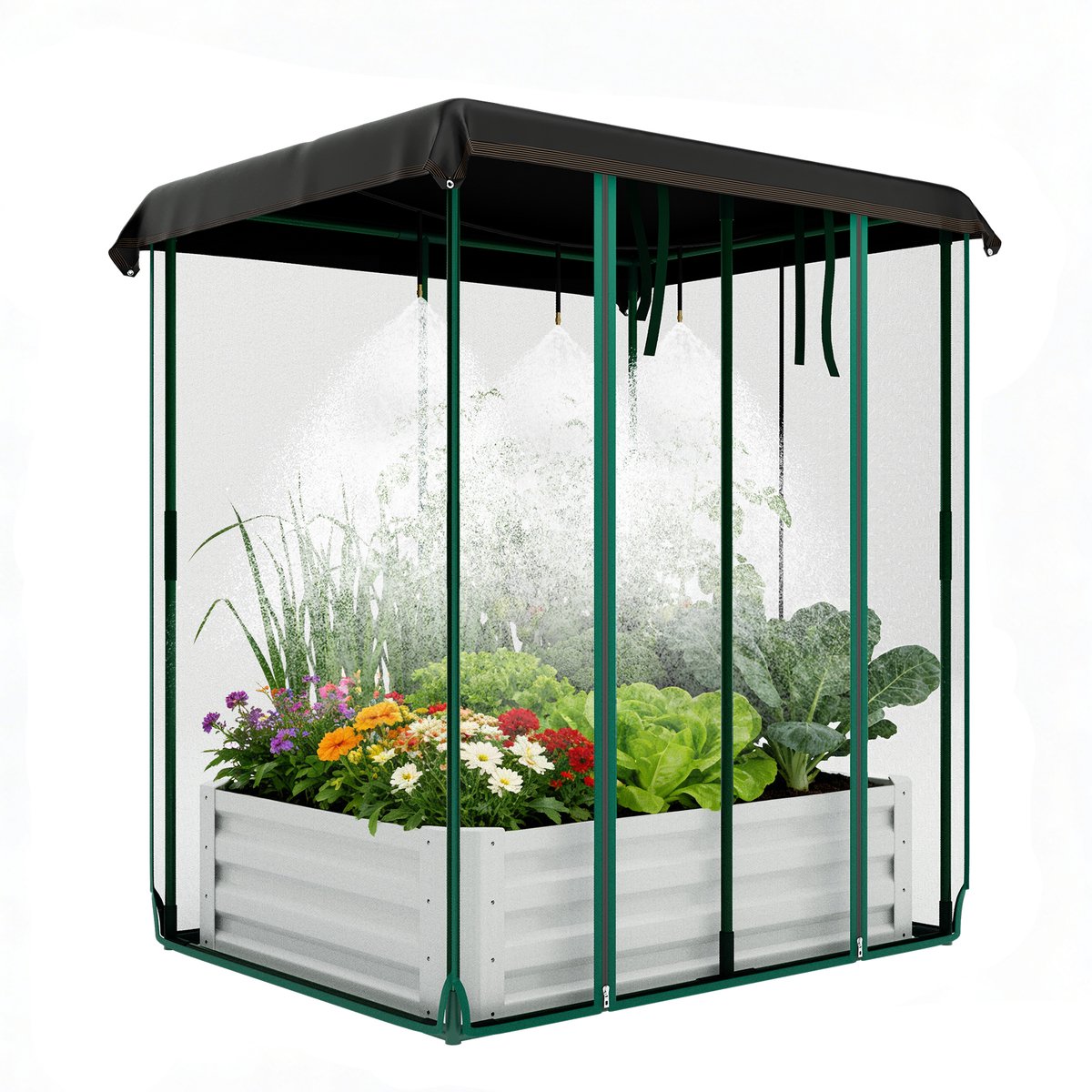 Plantenbak - 120 x 90 x 150 cm - Verhoogd Kweekbak - Staal - Insectennet en Bewateringssysteem - Voor Groenten Kruiden Bloemen - Tuin Terras - Beige
