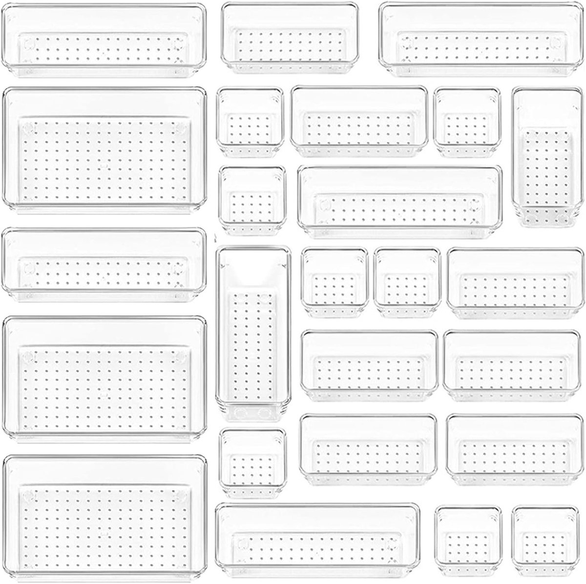 25-delige veelzijdige doorzichtige bureau-organizer set met 4 maten, lade-organizers voor badkamer, make-up, keuken en meer, ideaal voor opbergruimte en ordening