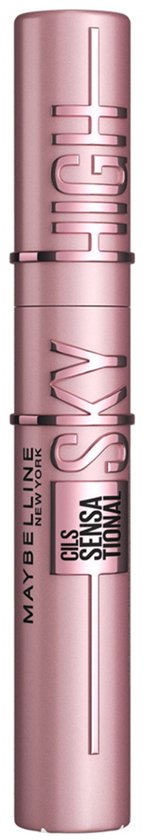 Een roze Maybelline mascara koker met de tekst 'SKY HIGH' en 'LASH SENSATIONAL'.