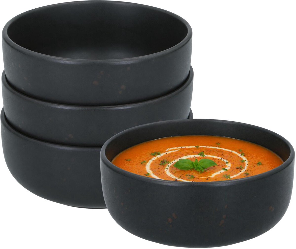 Secret de Gourmet Soepkommen Zanzibar - 4x - zwart - 15 x 6 cm - keramiek - kommetjes / schaaltjes - 480 ml