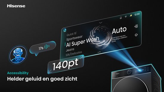 Het Hisense touchscreen toont "AI Super Wash" voor "Quick 15" en "Sportswear", "Jeans", "Silk/Delicates". Een icoon met een oudere man en "17s" suggereert toegankelijkheid.