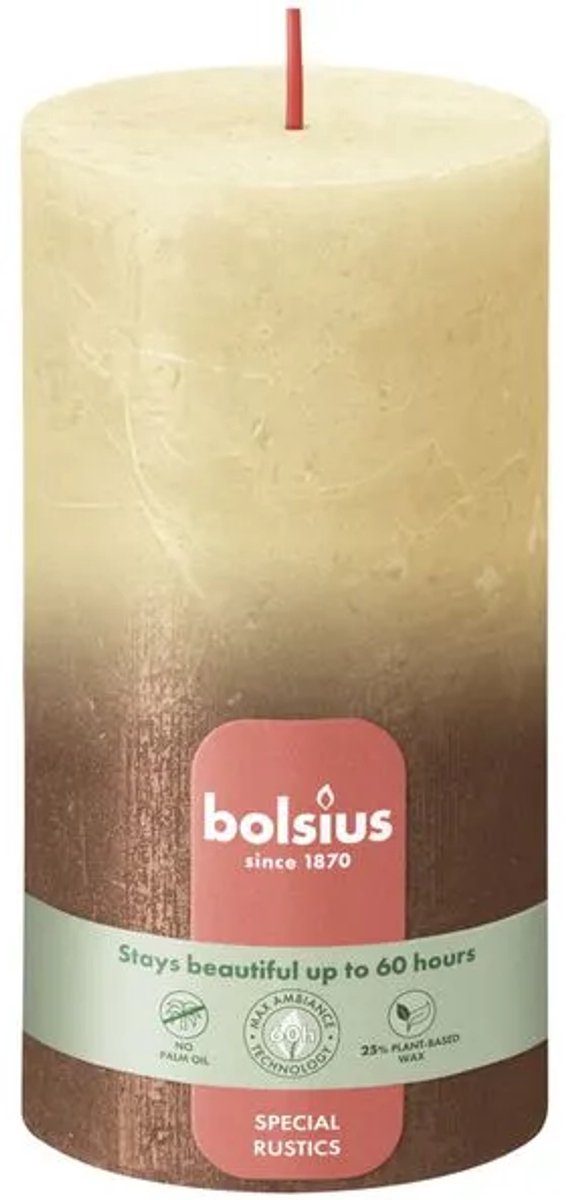 Bolsius Rustiek Fading Metallic Stompkaars 130 x 68 mm Oat Beige & Copper – 4 Stuks – Beige Kaarsen met Metallic Finish