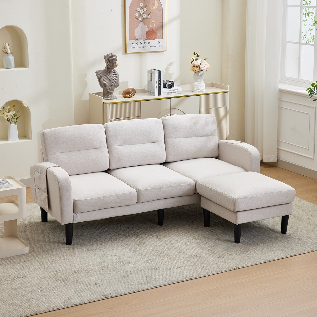 Sweiko Hoekbank - 3-zitsbank - Met voetenbankje - Linnen - 204 x 136 x 80 cm - Beige