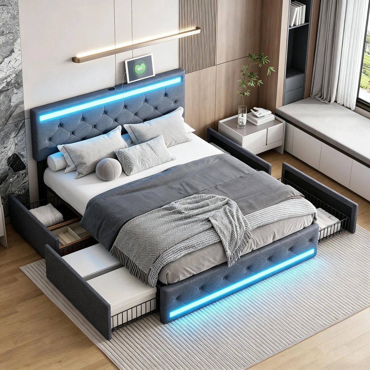 Tweepersoonsbed Gestoffeerd bed 160x200 cm met LED en USB, jeugdbed met opbergruimte en lattenbodem,4 laden,opbergbed, bedombouw,Linnen, zonder matras,Grijs