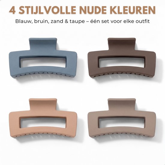 Vier grote haarklemmen in blauw, bruin, zandkleur en taupe.